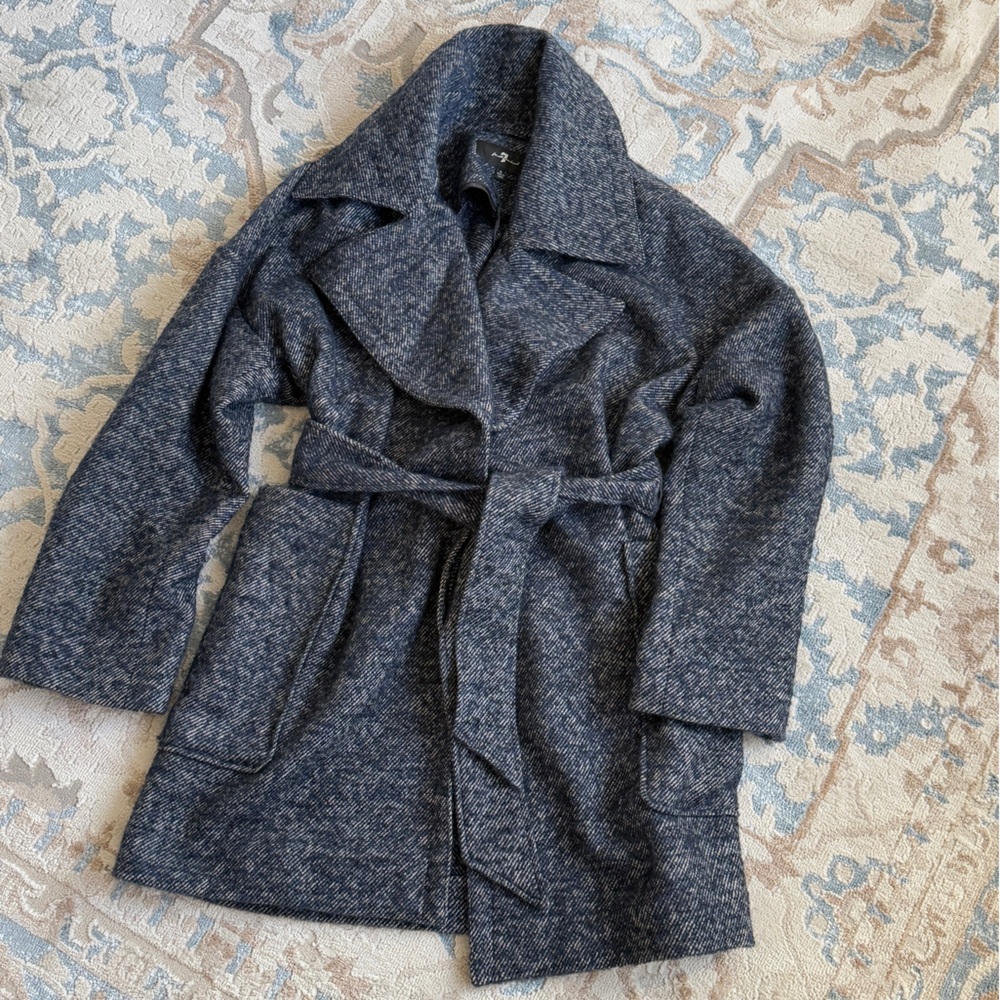 7 for all mankind Women Blue Belted Jacket Wool Blend size S - Picture 3 of 10